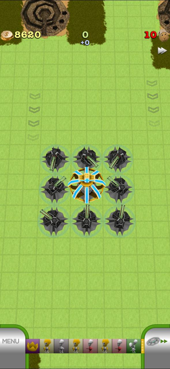 TowerMadness layout showing a boost tower affecting adjacent attacking towers