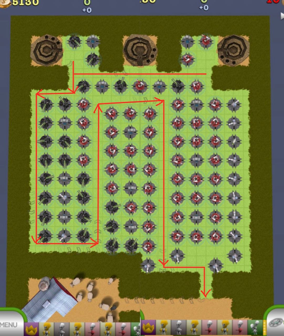 Pre-attempt TowerMadness map showing passive routing and tower placement
