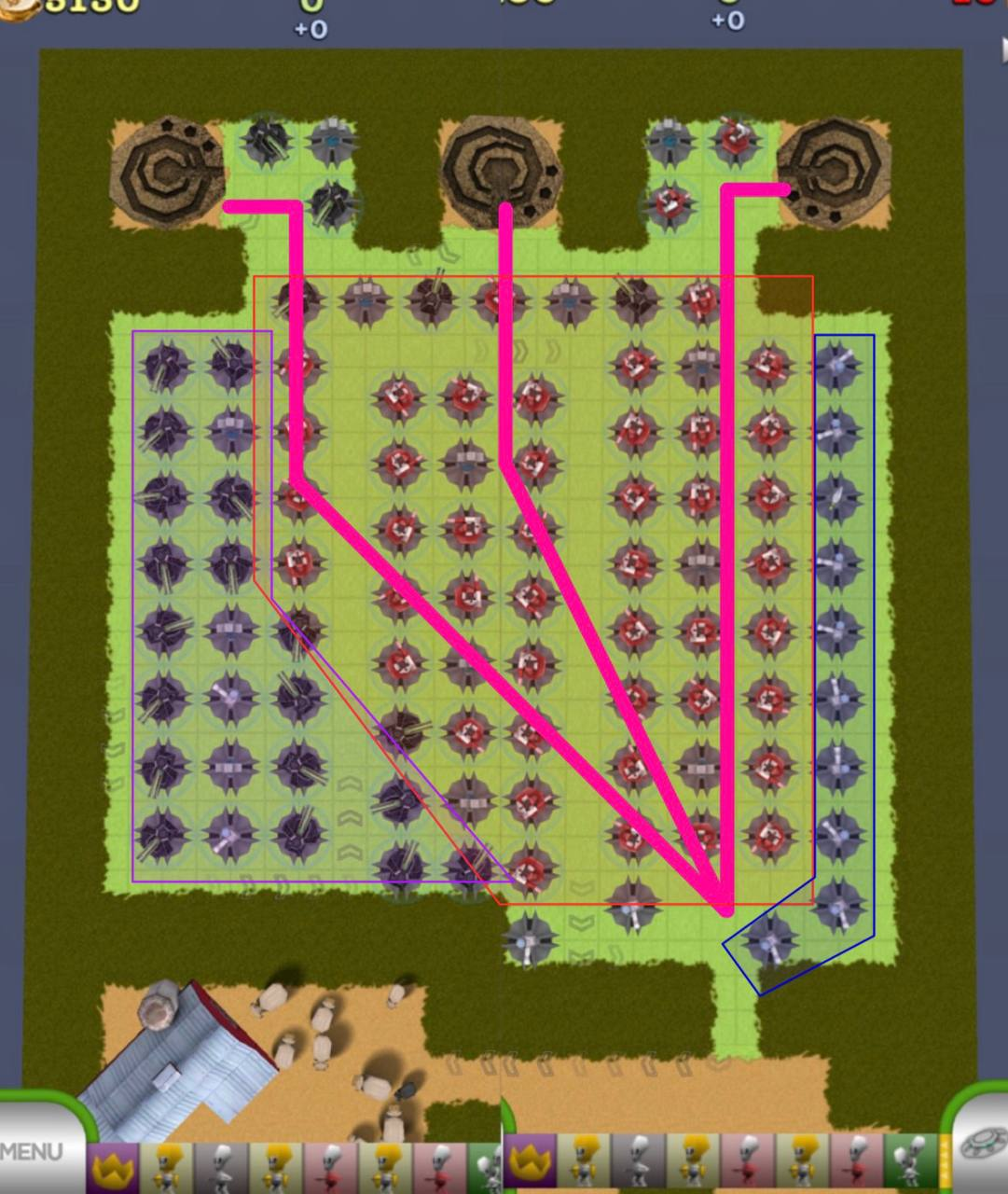 Final TowerMadness map annotated with ground damage, air defence, and delay regions